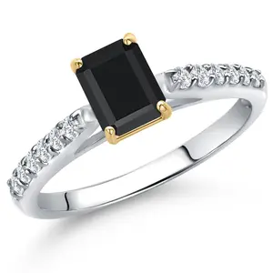 Gem Stone King 10K Two Tone Gold Black Onyx and Lab Grown Diamond Engagement Ring For Women | 0.74 Cttw | Octagon 6X4MM | Gemstone December Birthstone
