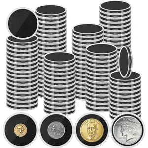120 Pcs Silver Dollar Coin Holders, Clear Round Plastic Coin Cases with Adjustable Sponge Gasket (17-40mm), Coin Protectors for Collectors, Rare Coins, Black