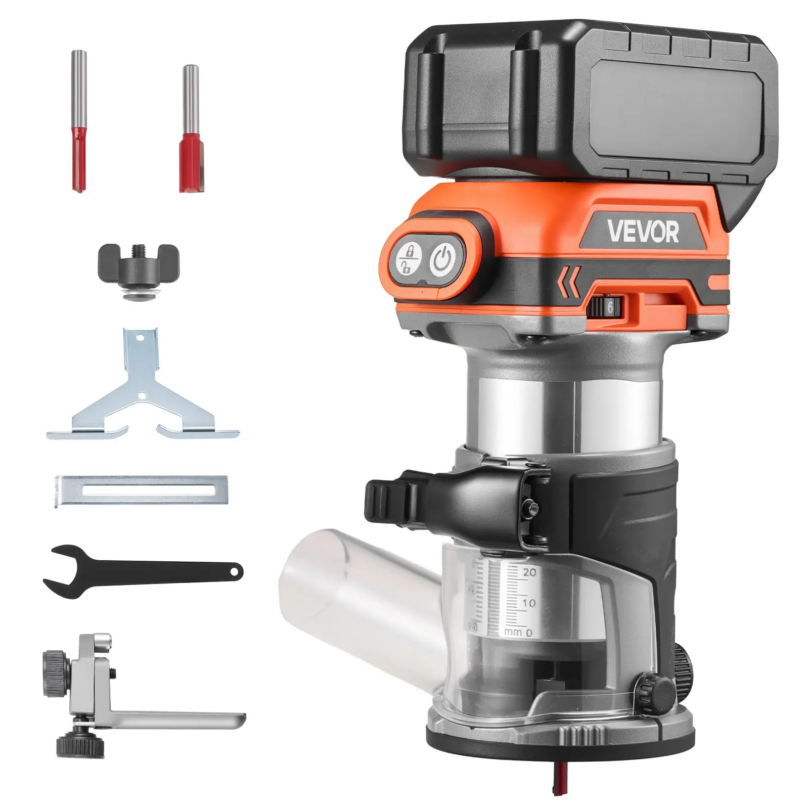 VEVOR 18V Brushless Cordless Wood Router - 1/4-in Collet, Compact 6 Variable Speeds, Fixed Trim Base, High-Visibility Lighting, Lithium-Ion Palm Router for Woodworking, Edge Trimmer Tool (Makita 18V Battery Compatible, No Battery Included)