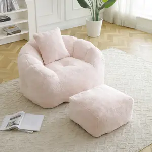 Oversized Faux Fur Bean Bag Chair with Footstool - Shell Shaped Lounge Chair Sofa for All Ages Pre-filled with Foam Big Floor Sofa for Bedroom Gaming Reading Living Room No Assembly Required