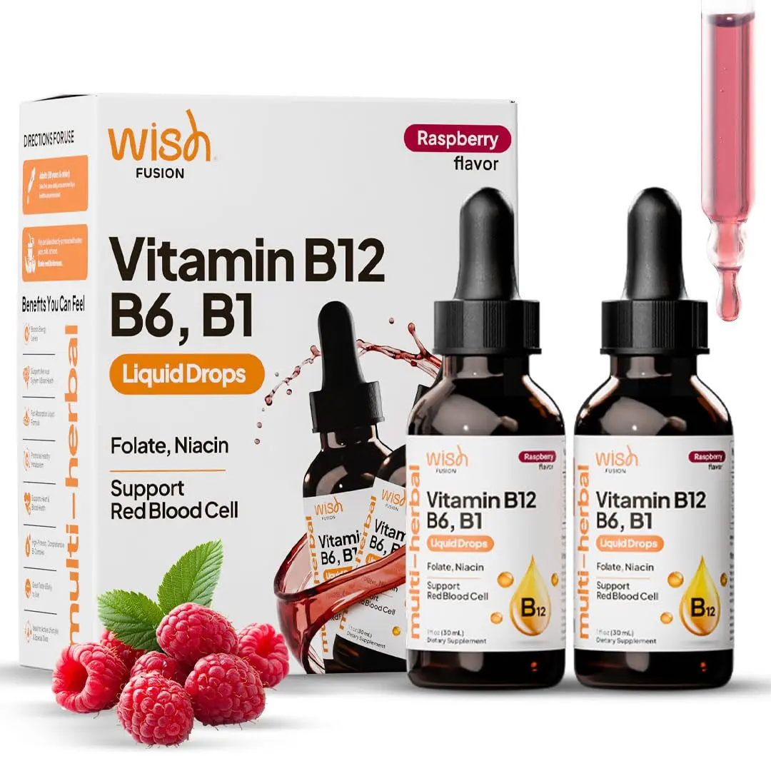 Wish Fusion Vitamin B12 Liquid Drops 5000mcg, Liquid B12 Sublingual Drops & B12 Methylcobalamin for Women & Men Vitamin B Complex Energy Boost, Focus & Mood, Brain Health Support, 30ml x 2 Pack