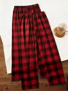 "Trending CozyLuxe Red Black Buffalo Plaid Pajama Pants Elastic High Waist Soft Lightweight Breathable Comfy Sleepwear Loungewear Bottoms for Women Men Couples Valentines Day Anniversary Couple Goals Casual Homewear Nightwear Relaxed Streetwear"