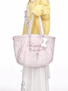 Soft Girl Puffer Tote Bag Cute Rhinestone Checkered Handbag Shoulder Purse With Fluffy Charm Large School Bag