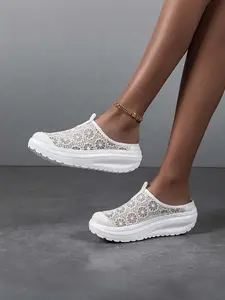 Women's Lace Mesh Backless Platform Wedge Shoes, Breathable Slip-On Mule Sneakers, All-Match Casual Footwear