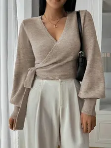 Women’s Wrap Knit Sweater Top – Elegant V-Neck Tie Waist Pullover with Long Lantern Sleeves, Slim Fit Ribbed Hem Knitwear, Casual Office Workwear Blouse, Fall Winter Knitted Tops for Daily, Date, or Evening Outfits