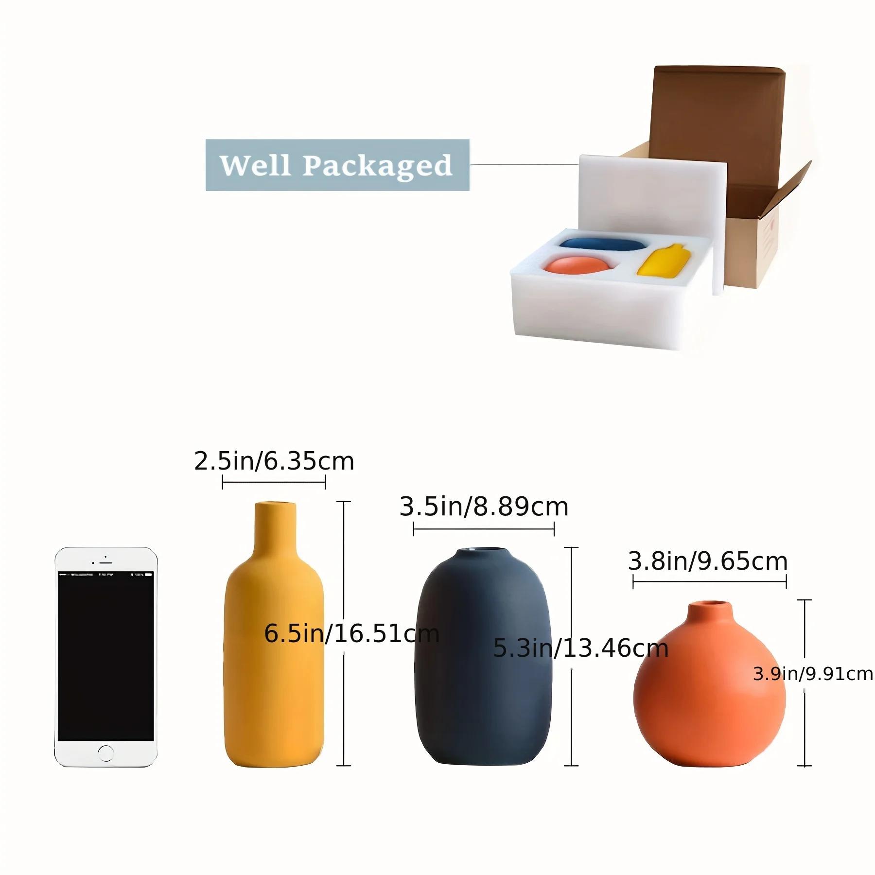 3pcs Modern Bohemian Minimalist Ceramic Vases Multi-Color Decorative Round Vases for Living Room Shelves Table Tops Bookcases