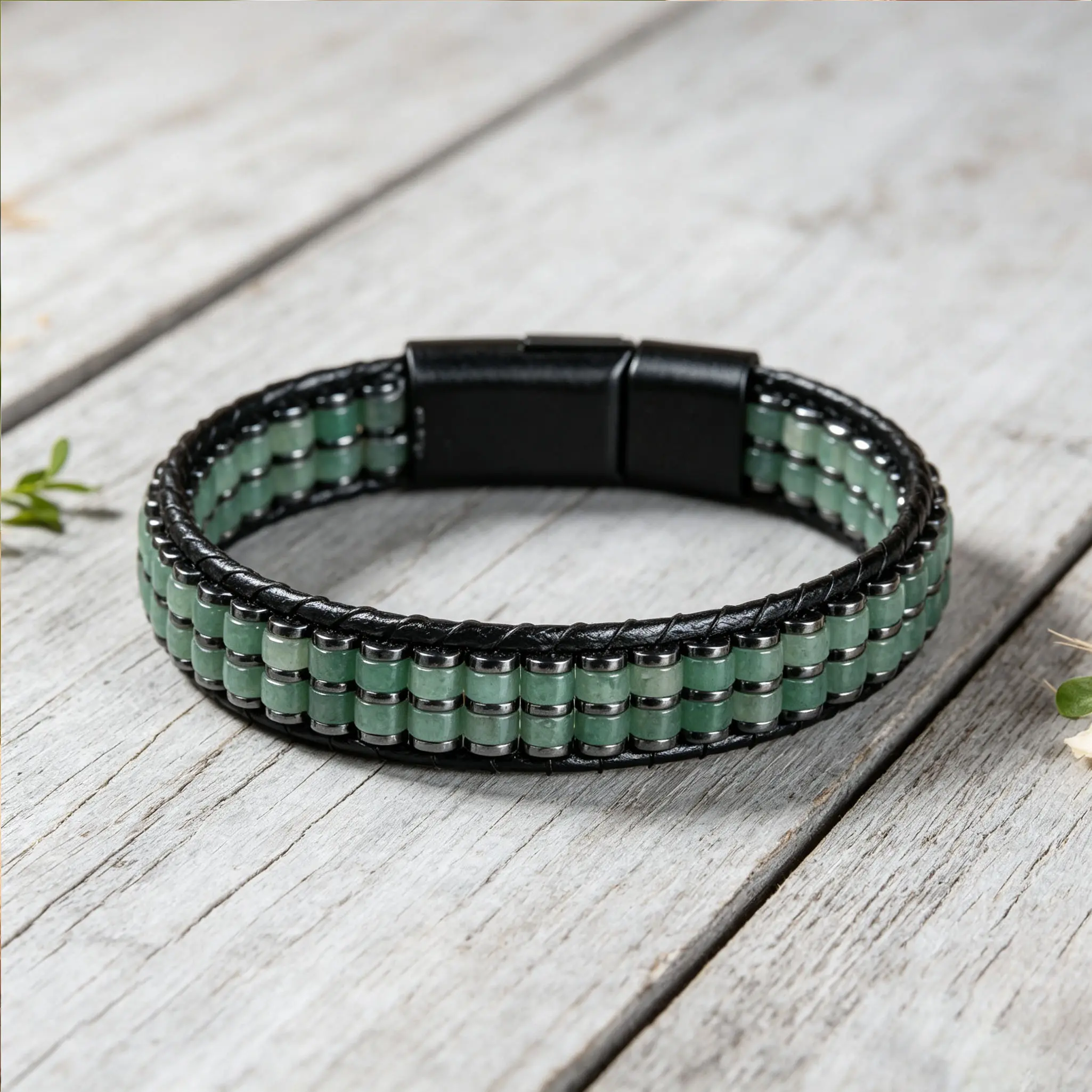 Men's Green Aventurine Leather Wrap Bracelet, 8 Inch, Magnetic Clasp, Luck Prosperity Opportunity Boho Jewelry Gifts