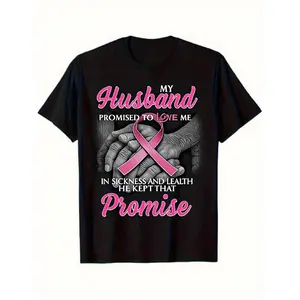 merch shirt for men Breast Cancer Awareness T-Shirt - My Husband Promised to Fight with Me - Women'S & Men'S Support Shirt with Pink Ribbon & Hands Design - Soft Texture 180gsm Heavyweight - Black with Pink Lettering - Unisex Cancer Fighter Tee for Everyd