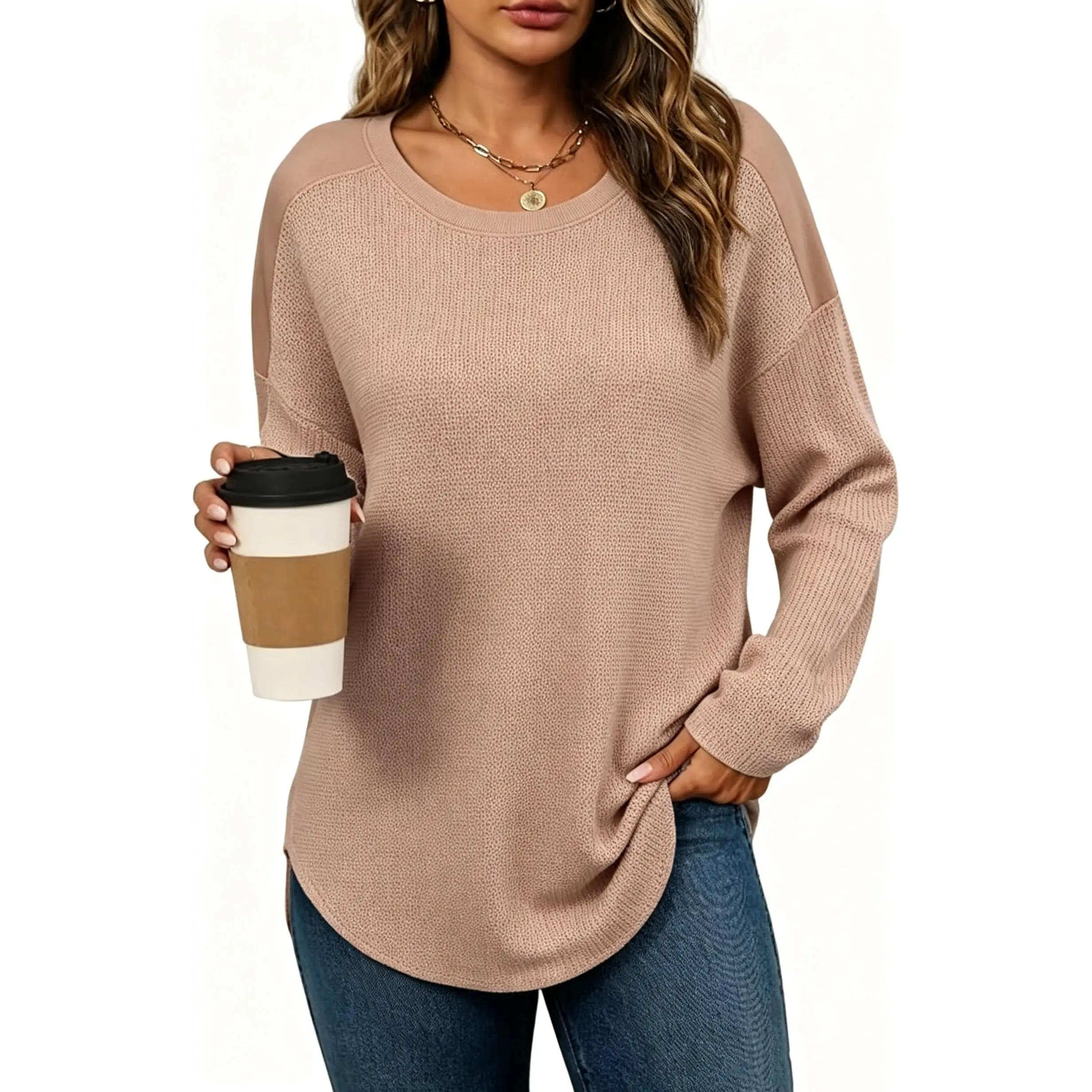 CHARTOU Women's Simple Fit Waffle Knit T-Shirt - Soft Cotton Blend Long Sleeve Crew Neck for Pairing with Shorts, Tops, Tshirt, Everyday, Machine Washable, Fashion Basics, Knitwear, Polyester, Jeans, Longsleeves, Loose Fit, Casual, Round Neck, Plain, Soli