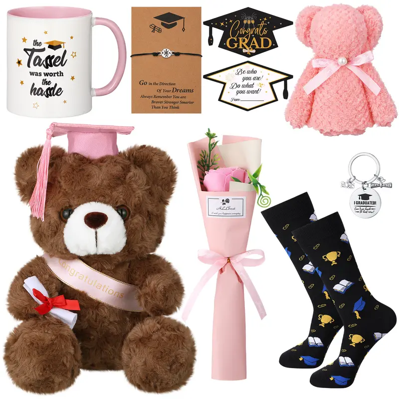Graduation Gift for Student Graduation Bears Stuffed Animal with Card Coffee Mug Flower Keychain Graduation Bear Toy Desktop Decoration for Home Office School Party Birthday Graduation Season Gift Stuffed Bear Gift for Best Friend Classmate