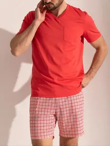 Men's Summer Pajama Set, Thin V-Neck Pullover, Pocket Short Sleeve Shirt & Plaid Shorts, Casual Home Wear, Comfortable & Simple Design, Loungewear