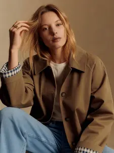 A women's brown short-length, loose-fitting, single-breasted casual coat with a stand-up collar, suitable for spring and autumn, for daily commuting, street wear, and home wear Jackets