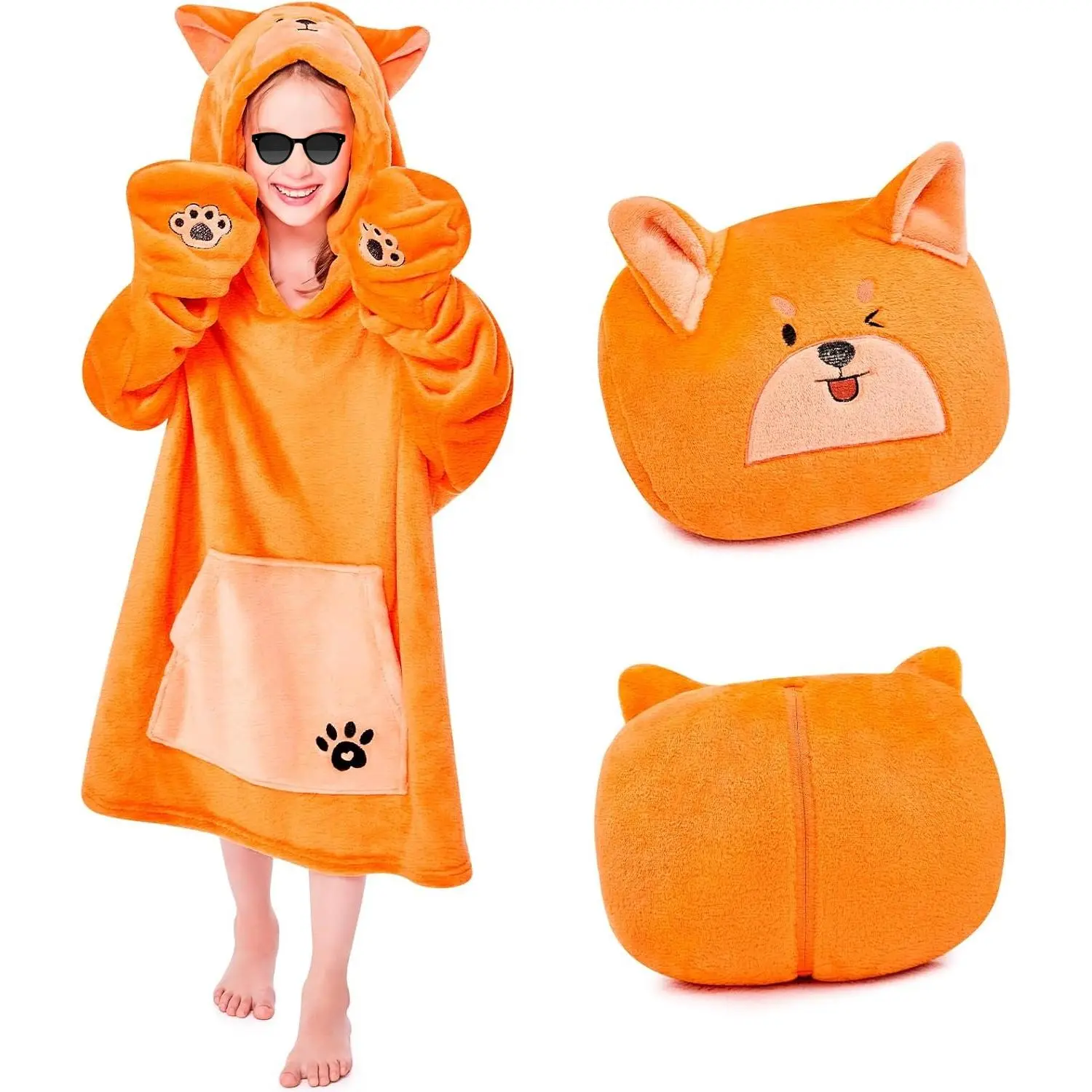L-LGCS010   Wearable Blanket Hoodie Kids, Oversized Fleece Blanket Sweatshirt Christmas Birthday Gifts for Boys, Girls, Teen Hoodie with Portable Foldable Blanket Pillow, Animal Embroidery 5-15 Years, Panda