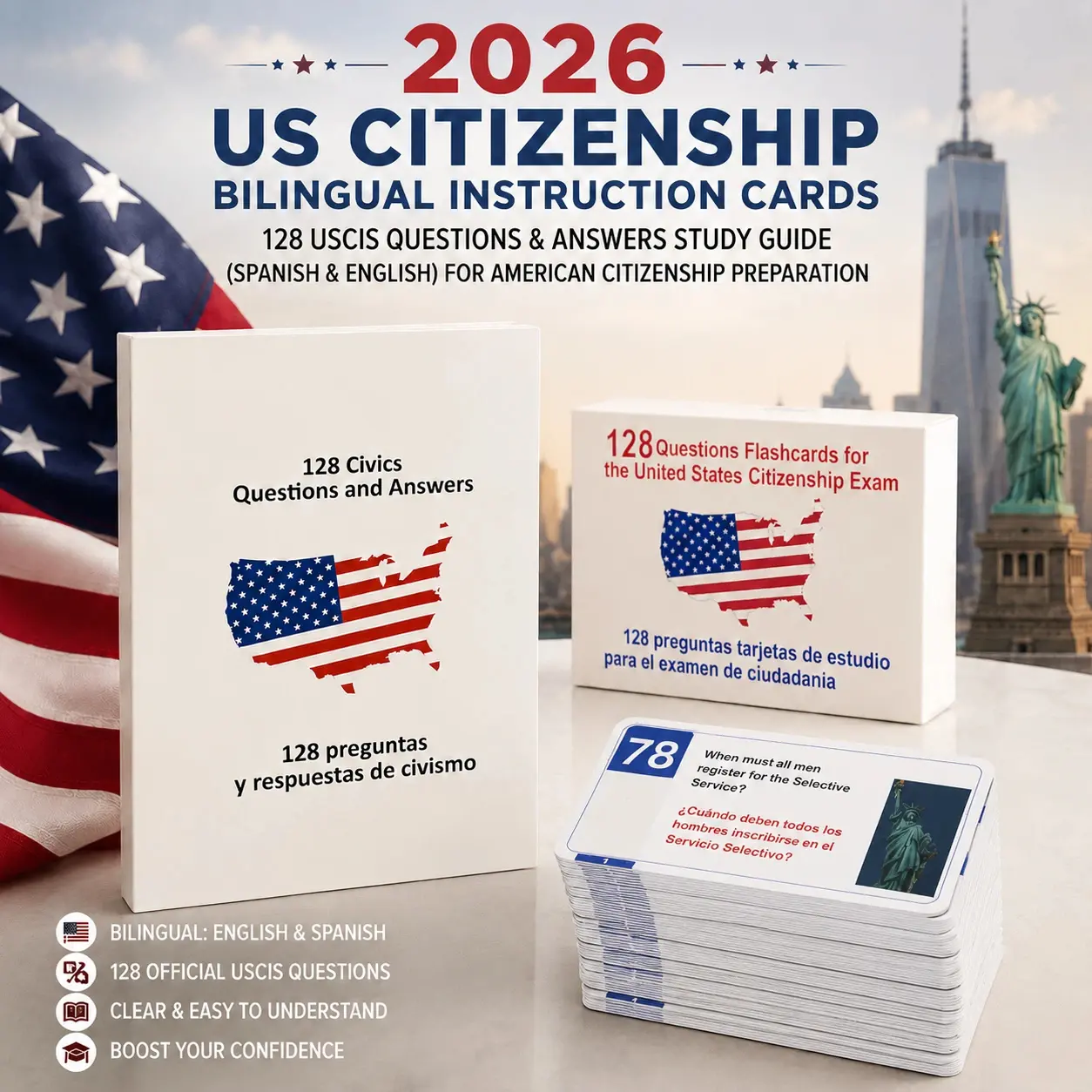 2026 Bilingual Flashcards - Durable Cardstock, 128 Questions Page, Spanish-English Bilingual Support for USCIS US Citizenship Test Preparation Study Guide