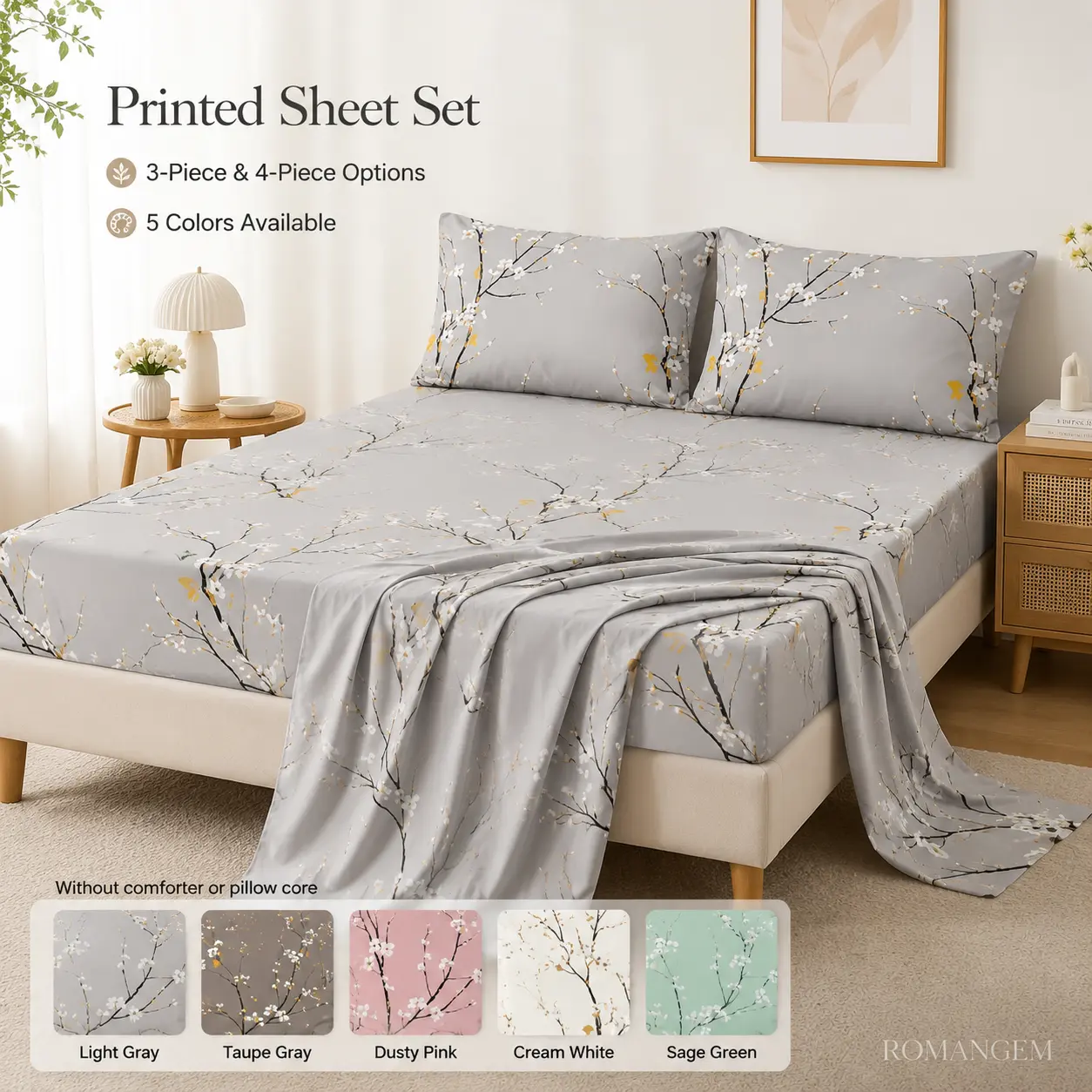ROMANGEM 4-Piece Floral Microfiber Bedding Set - Soft Comfy, Skin-Friendly, Breathable Woven Fabric with Fitted Sheet, Flat Sheet, 2 Pillowcases, Durable for Queen & King Bedrooms; Machine Wash Gentle Cycle, No Bleach, No High-Temperature Ironing, Microfi