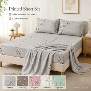 ROMANGEM Floral Printed Sheet Set 4 Piece, Soft Microfiber Fitted Sheet Set with Flat Sheet and 2 Pillowcases, Queen King Bedroom Bedding
