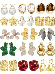 Women's Stylish Plated Pearl Embellished Earrings Set, Hypoallergenic Studs & Dangles, Ideal Gift for Her, 15 Pair Collection, Earring Stacking Set