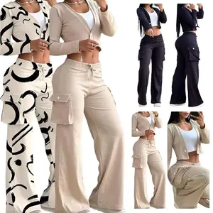 2025 Women’s 2 Piece Lounge Set – Long Sleeve Crop Top & Wide Leg Cargo Pants with Pockets | Trendy Casual Outfit (random comes with a free white tank top)