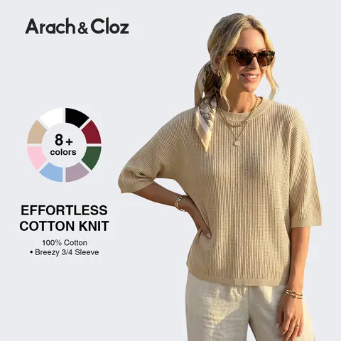 Arach&Cloz Women's Relaxed Fit Crochet 3/4 Sleeve Resort Sweater Tops 2026
