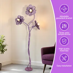 Vintage Flower Floor Lamp for Girls' Bedroom, Cute 3 Heads Floor Reading Light with Flexible Gooseneck, 3 Colors Crabapple Flower Modern Corner Standing Lamp for Living Room Office Home Decor