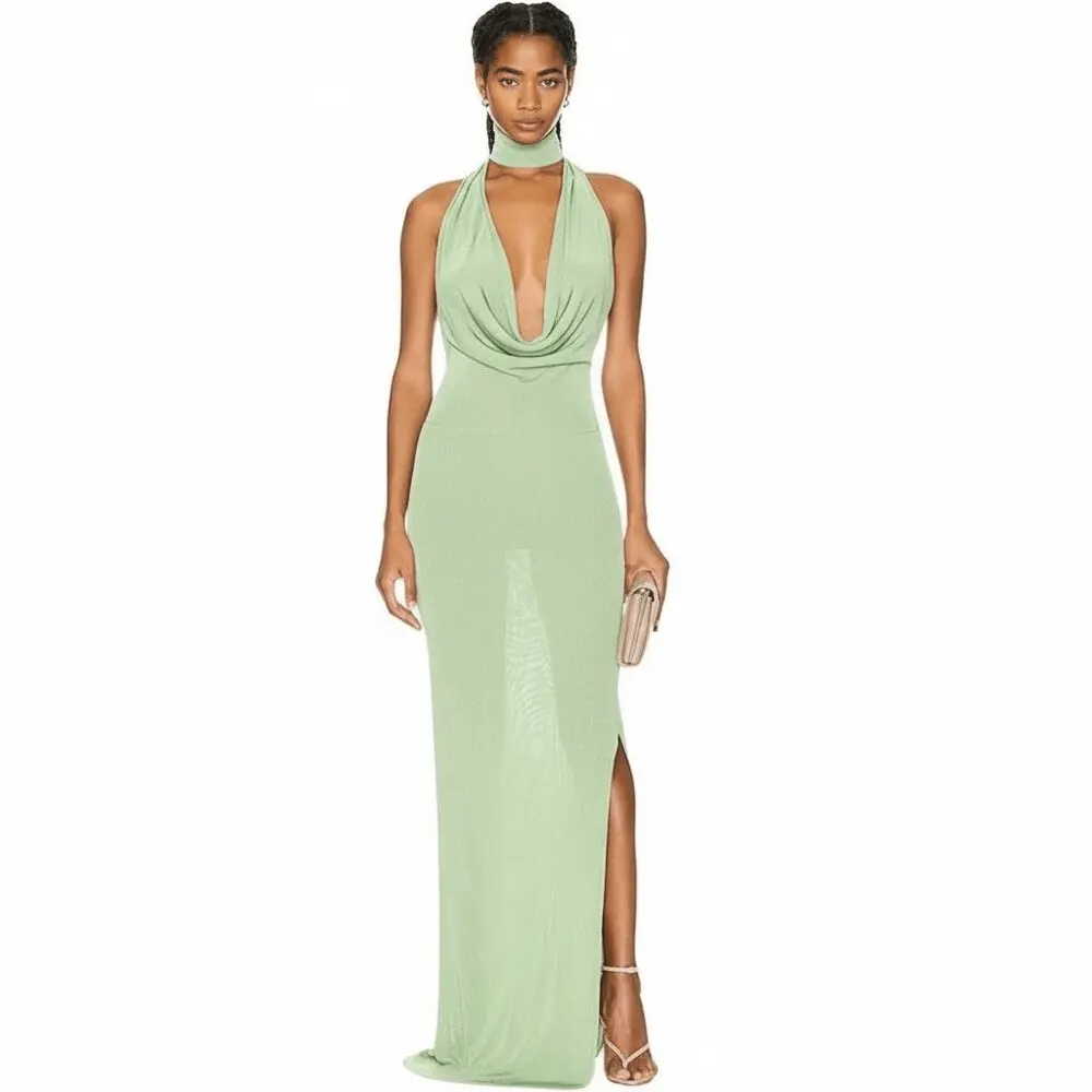 New Aya Muse Edo Halterneck Draped Maxi Dress XS Light Green