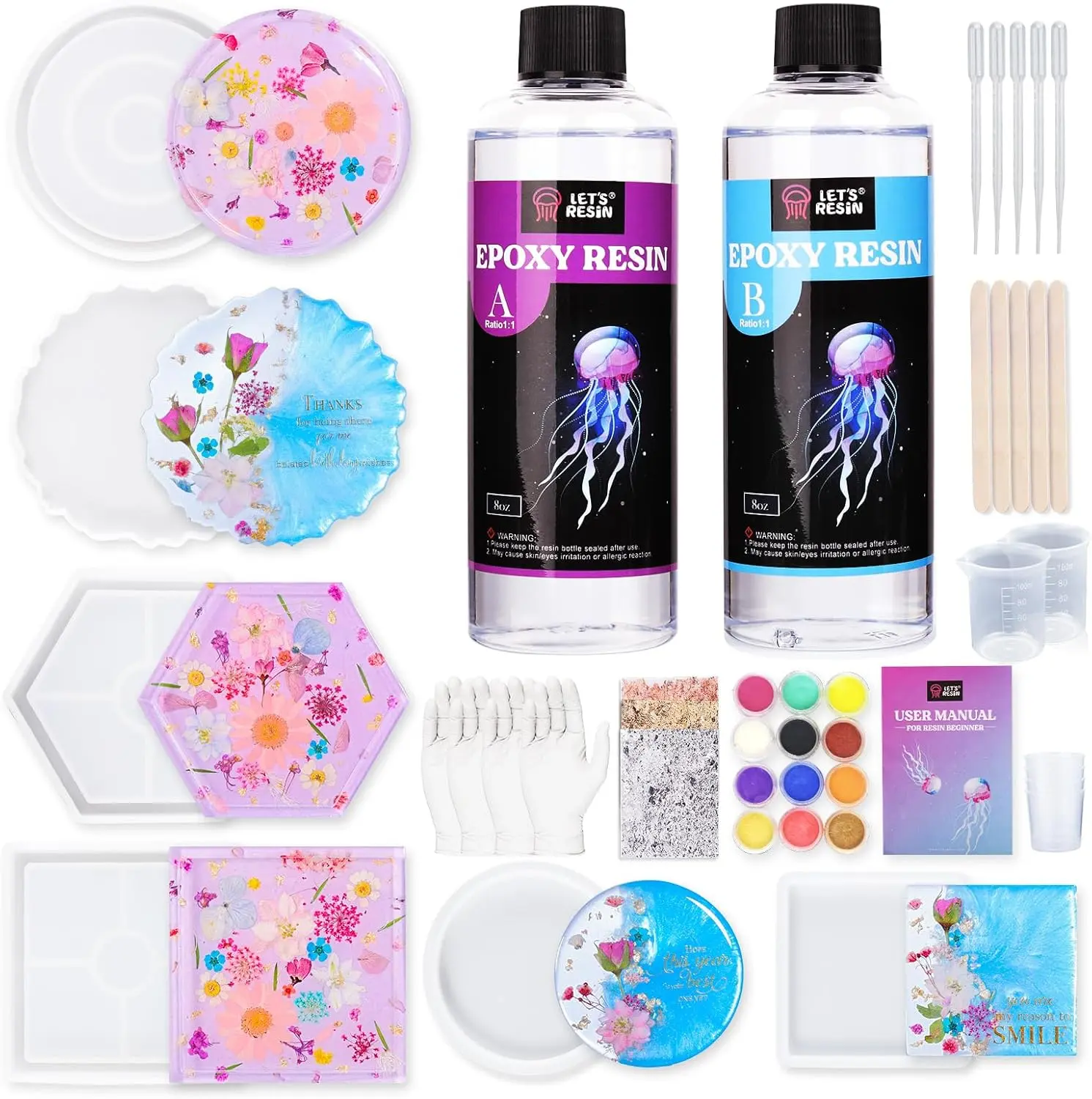 16oz Epoxy Resin Coaster Crafting Kit - Complete DIY Art Supplies Set with Molds, Mica Powder, Starter Gift for Adults, Diy Crafts