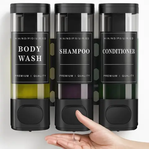 Zoronk Sturdy ABS Plastic Kid-Lock 3-Chamber Hold Wall-Mounted Kids Soap & Conditioner Dispenser, No-Drill Waterproof Transparent Leak-Proof Shower Pump (3x300ML, Black) with 24h Sticker Stability for Bathroom Clutter-Free Use