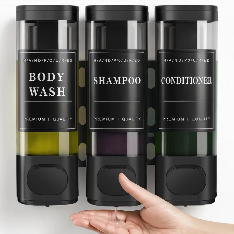 Zoronk Sturdy ABS Plastic Kid-Lock 3-Chamber Hold Wall-Mounted Kids Soap & Conditioner Dispenser, No-Drill Waterproof Transparent Leak-Proof Shower Pump (3x300ML, Black) with 24h Sticker Stability for Bathroom Clutter-Free Use