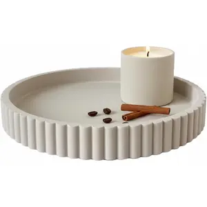 13" Round Solid Concrete Decorative Tray - Heavy Duty Fluted Centerpiece for Coffee Table, Serving, Patio, Home Office & Entryway - Modern Home Decor Trays(Gray)