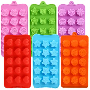 Flower Shape Chocolate Candy Molds Set,Heart,The stars,The rose,Flowers in Combination,15 Cavity Silicone Baking Mold Ice Cube Tray-Wedding,Festival,Parties and DIY Crafts-(6Pcs)