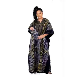 Smooth Visage African Print Adire Embroidery Design Boubou(BuBu) Rhinestone Kaftan Gown