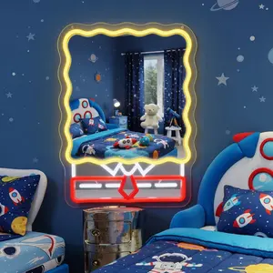 Cute Square Neon Mirror LED Wall Decor for Bedroom Game Room Retro Diner Setup with Warm Glow and Cartoon Design