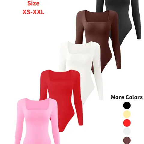 Women's Long Sleeve Square Neck Crop Bodysuit, Seamless Smooth Tummy Control Minimalist Everyday Wear with Thong, Slimming Waist Shaper, Comfortable Fit Underwear Piece Shaper Bodysuits