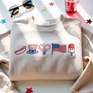 4th of July Embroidered Sweatshirt, USA Patriotic Icons Crewneck, Hot Dog Fireworks Flag Popsicle Shirt, Independence Day Cozy Pullover, American Holiday Gift, Retro Styles, Bring Back the Classics, Fresh Styles, Updated for Today