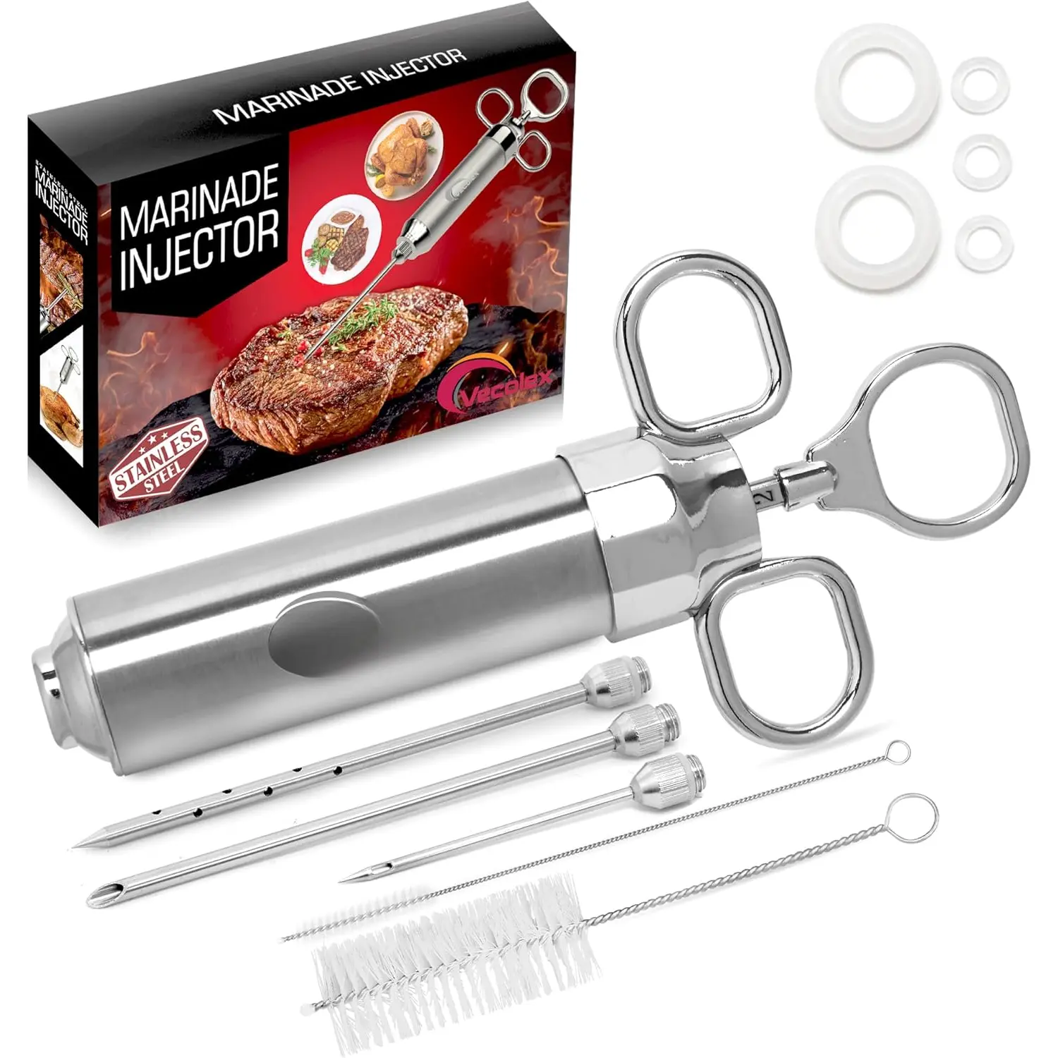 304 Stainless Steel Meat Injector -2 Oz Meat Injectors For  with 3  3 Brushes-Spare O Rings- Injector for BBQ,Turkey & Brisket (Stainless Steel)