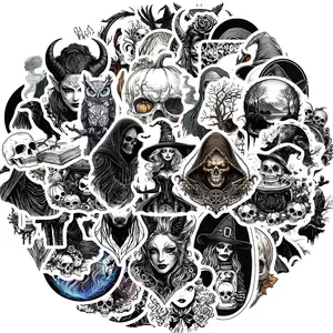 Gothic Skull Pattern Sticker, 50pcs/set Retro Horrible Skull Sticker, Waterproof Vinyl Sticker for Laptop, Window, Water Bottle, Decor