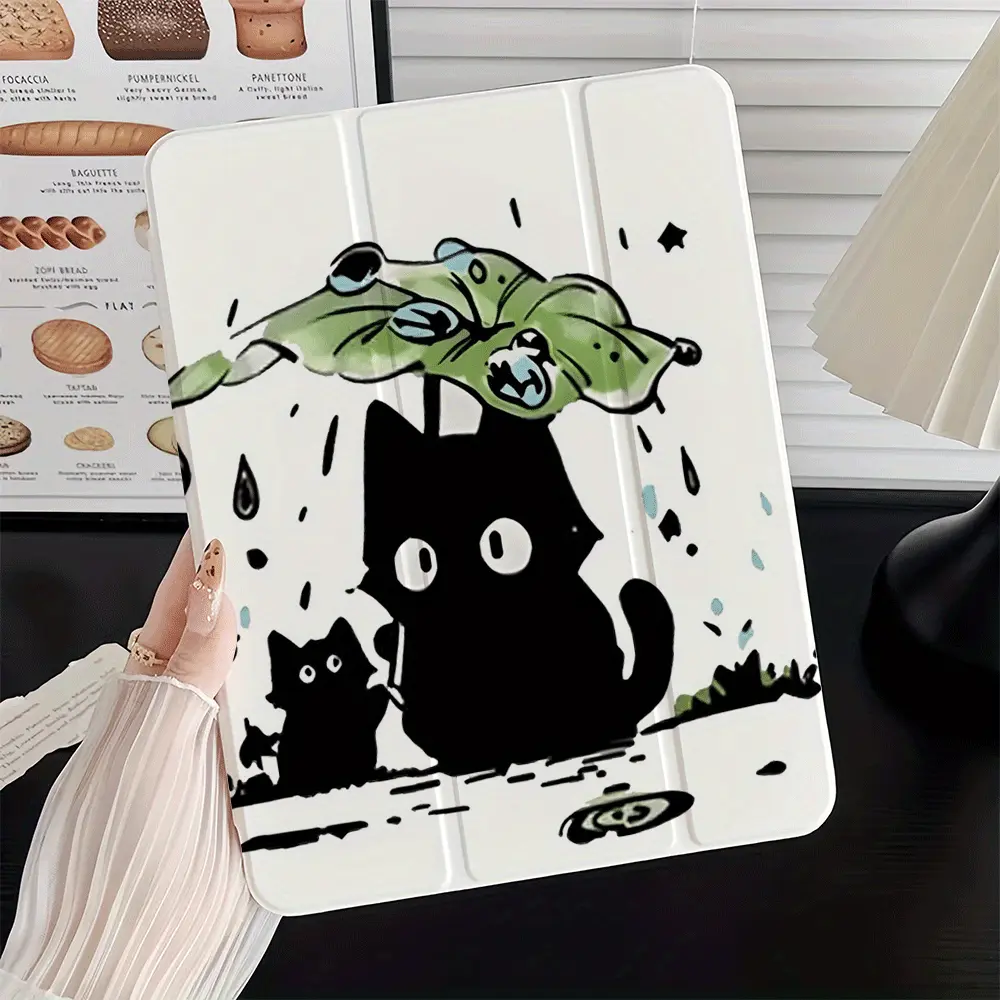 Black Cat with Lotus Leaf Pattern Tri-Fold iPad Case with Built-in Pencil Holder, Auto Sleep/Wake, Adjustable Stand, Compatible with iPad Air 8 2026 M4, iPad 10th/11th Gen, iPad Pro/Air, iPad 2025 Series, Great for Personal Use, Magnetic, Heavy-Duty