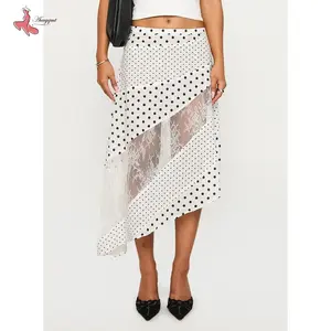 Women's Flowy Midi Skirt Vintage Low Waist Floral/Dots Print Long Skirt Lightweight Fall Skirt