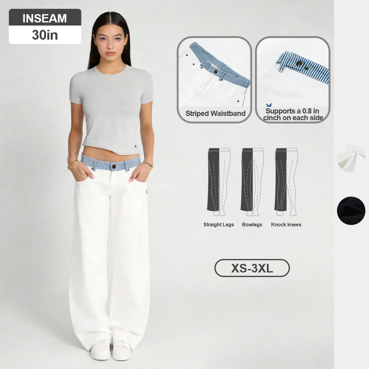Pwest NYC Jodie Adjustable Low-Rise Loose-Barrel Leg Jeans — Y2K Minimalist Style, Adjustable Snap Buttons, Color-Blocked Waistband, Loose-Leg Cut, Soft Daily Wear