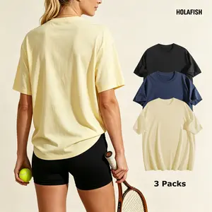 Holafish Women's 3 Packs 100% Cotton Basic Tees Crew Neck Short Sleeve Solid Relaxed Fit T Shirt Plain Summer Tops Soft Breathable Undershirts Essential Everyday Comfy