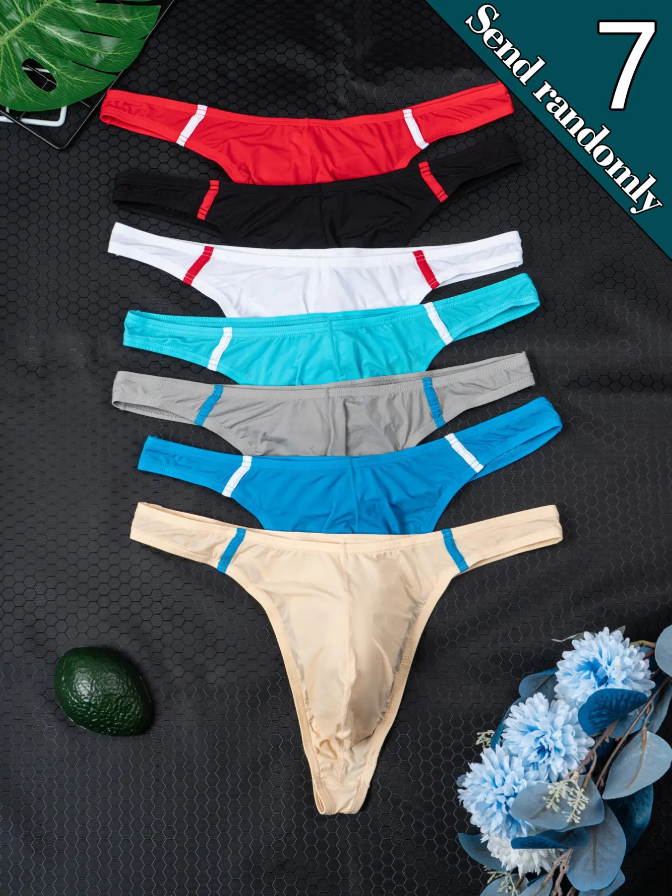 7-pack Men's solid-color simple summer sexy elastic thong underwear, Athletic, Breathable Undergarments, Men's soft smooth breathable comfortable, cool-fitting all-season thong pants, High Stretch Underwear