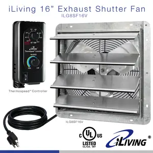 iLIVING ILG8SF16V-ST 16" Wall Mounted Shutter Exhaust Fan, Automatic Shutter, with Thermostat and Variable Speed controller, 0.85A, 1200 CFM, 1800 SQF Coverage Area Silver