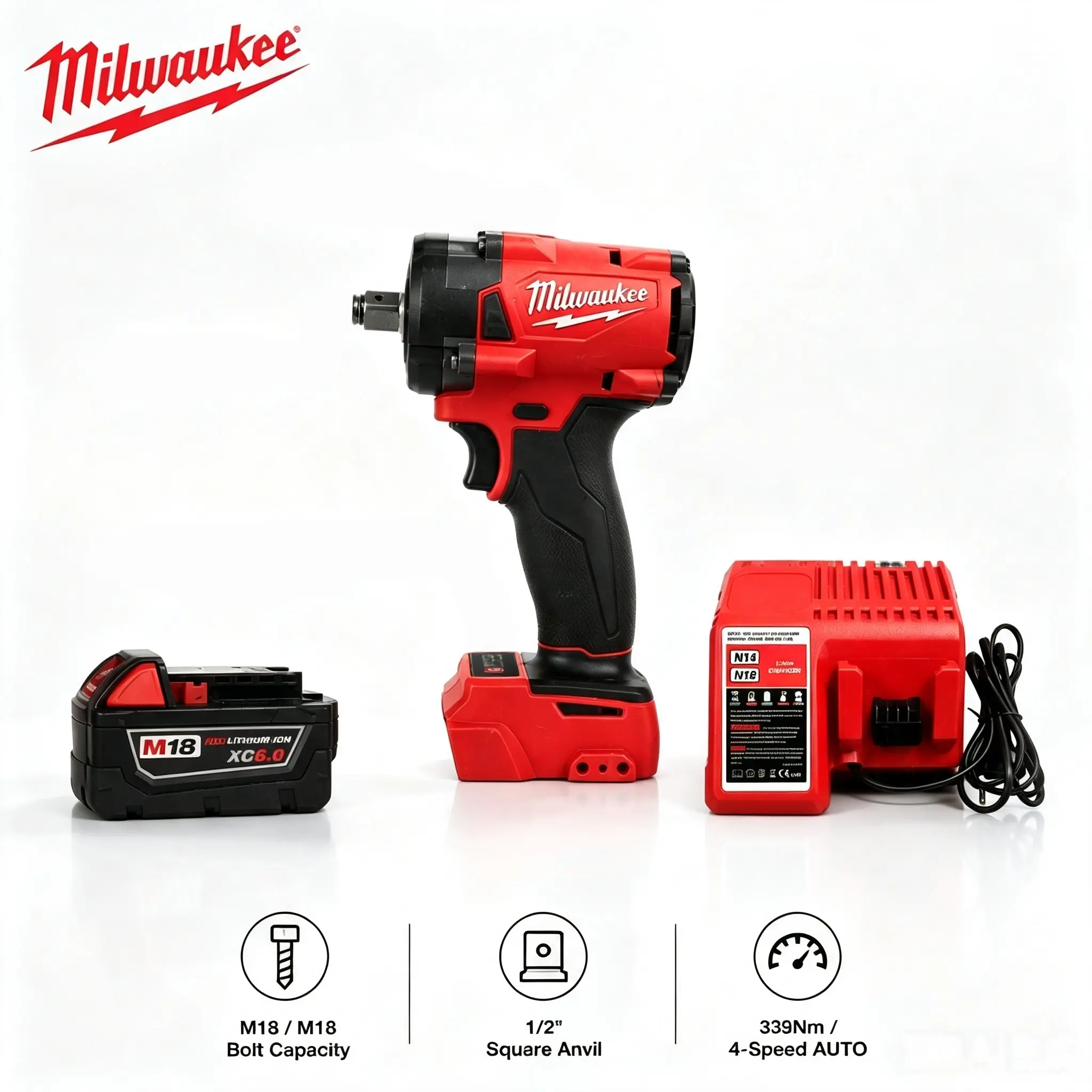 Milwaukee M18 18V Cordless 1/2-in Compact High Torque Impact Wrench for Auto Techs, with 339 Nm Max Torque, 4-Mode Drive Control, Auto Shut-Off, Friction Ring Anvil, Batteries Compatible for Tight Spaces Engine Bolt Fastening
