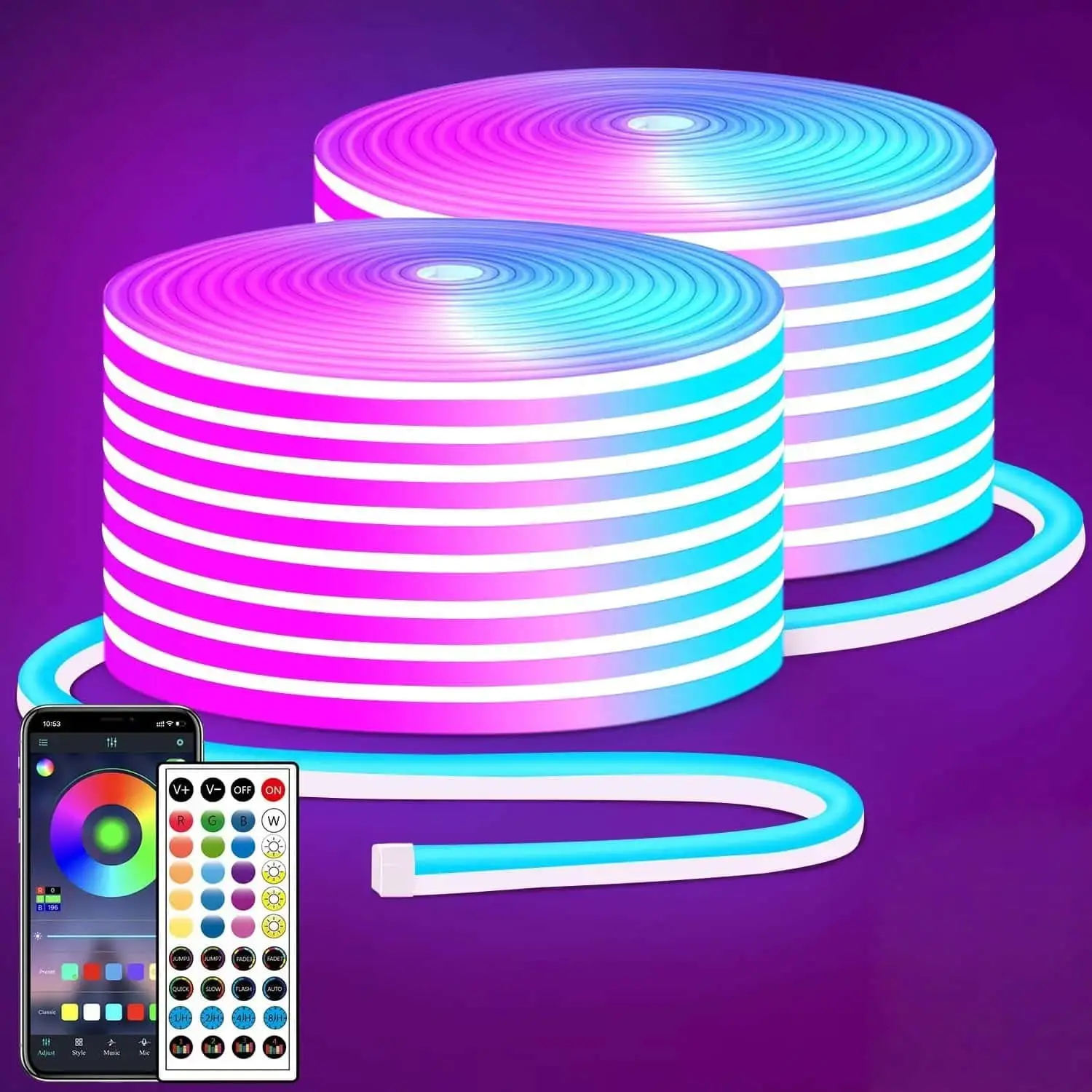 16.4FT RGBIC Smart Neon Light Strip, Bluetooth APP & Remote Controlled LED Lights with Music Sync, 5V USB Powered Flexible Rope Light for Bedroom, Gaming Room, Party & Wall Decor