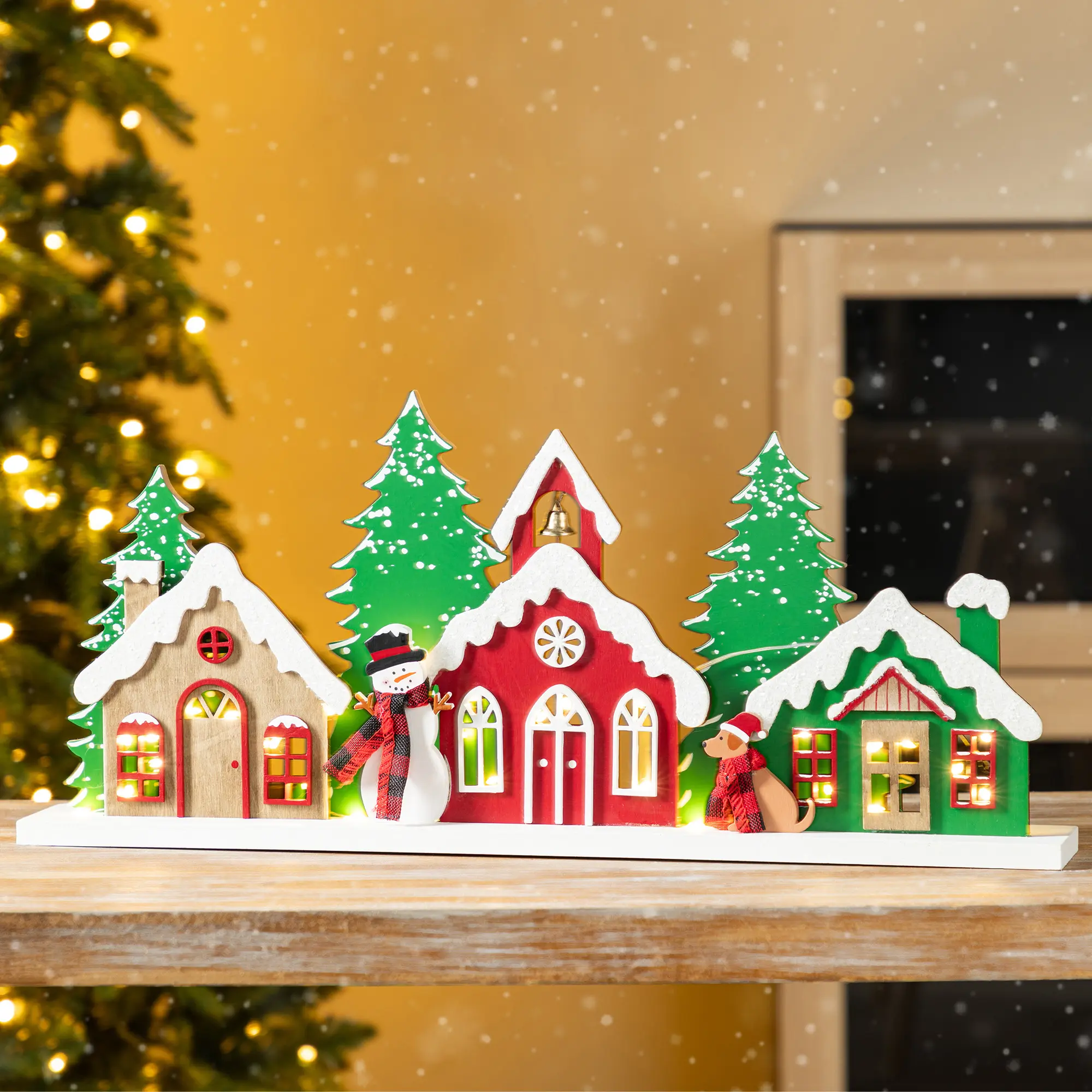 Glitzhome 20 In Indoor LED Lighted Irregular Wooden Modern Christmas Decor Village Figure Table Decoration, Festive Ornaments, Button Battery Operated (Powered by 2 CR2032 Batteries)