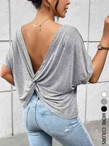 Women's Summer Casual Backless Twisted Knot Loose Fit T-Shirt，Comfortable Casual Top, Perfect for Everyday Wear, Stylish and Trendy Design, Ideal for All Seasons