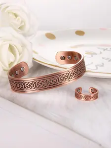 Vintage Floral Pattern Magnetic Bracelet & Ring, Adjustable Bracelet & Ring, Copper Jewelry Set, Fashion Accessories for Men & Women, Gift for Family/Friends/Lover
