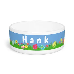 Personalized Easter Dog Bowl Ceramic Pet Dish with Easter Eggs and Spring Flowers  Custom Name Dog Dish 16oz  Easter Gift for Pets