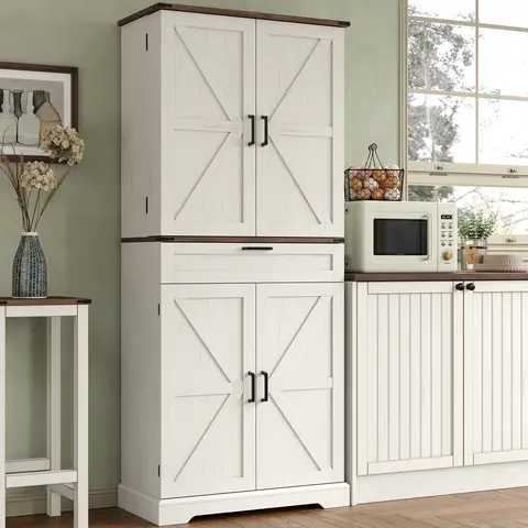 FUSOU 72'' Kitchen Storage Pantry Cabinet, Tall Storage Cabinet with 8 Door Shelves, 2 Cabinets and 1 Drawer, Freestanding Cupboard for Kitchen, Dining Room, Bathroom, Laundry, Off White