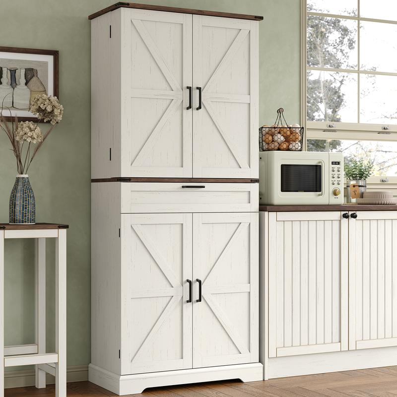 FUSOU 72'' Kitchen Storage Pantry Cabinet, Tall Storage Cabinet with 8 Door Shelves, 2 Cabinets and 1 Drawer, Freestanding Cupboard for Kitchen, Dining Room, Bathroom, Laundry, Off White